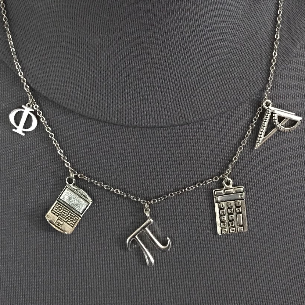 “Math Wiz" Handmade Charm Necklace, Calculator, Computer, Phi, Pi, Protractor
